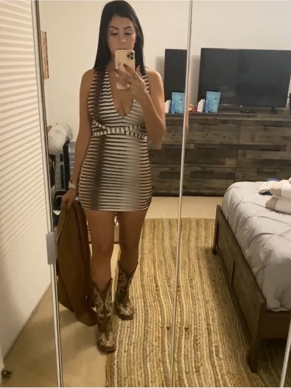 Brown & White Striped Halter Dress